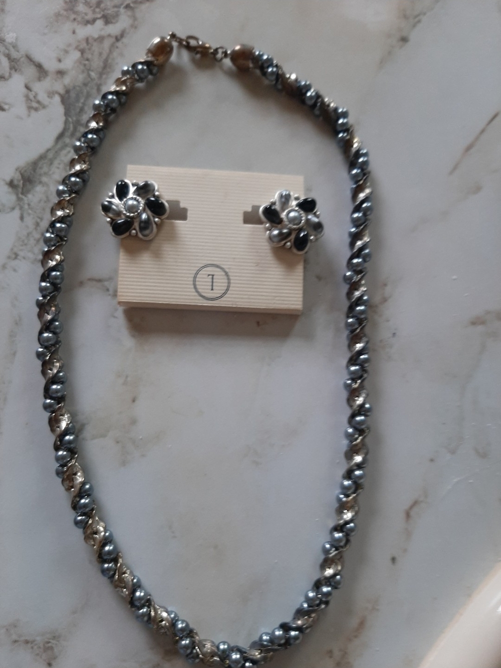 Silver and Gold Two-Tone Braided Necklace with Black & Silver Flower Earrings